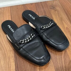 Prada Black Leather Chain Slip-Ons